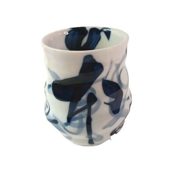 Japanese Yunomi Tea Cup Mug Blue & White Abstract Swirl Porcelain Excellent Cond - Picture 1 of 7